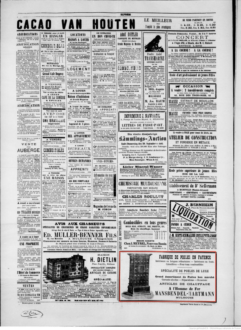 Journal L'Express de Mulhouse du 8 septembre 1888 (p.4) : grand assortiment de poeles bon marché.